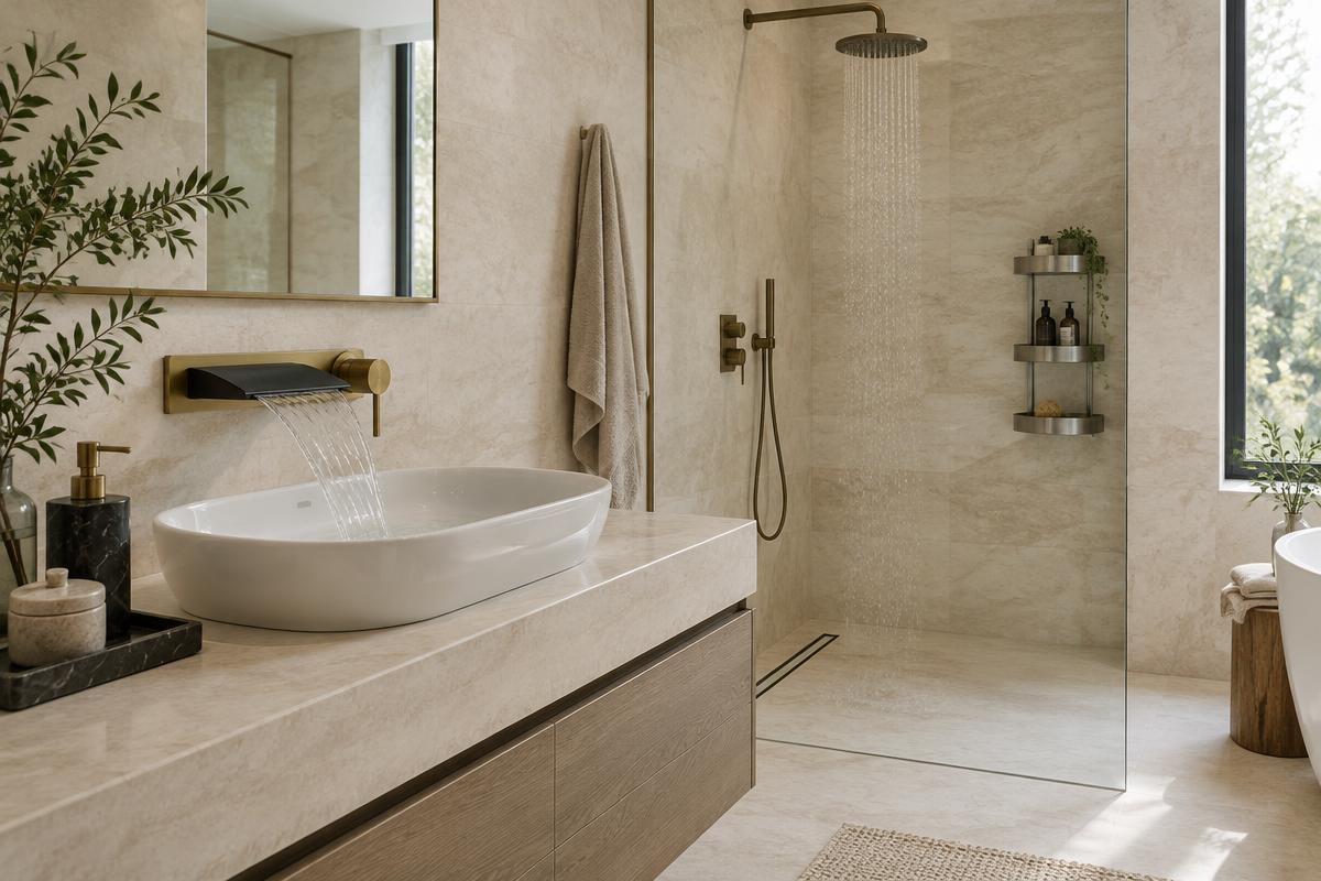 Editorial bathroom inspiration with brass and black fittings